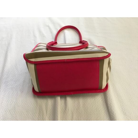 New Betsey Johnson Pink Tan White Stripped Shoulder Handle Heart Purse Handbag - Picture 5 of 6